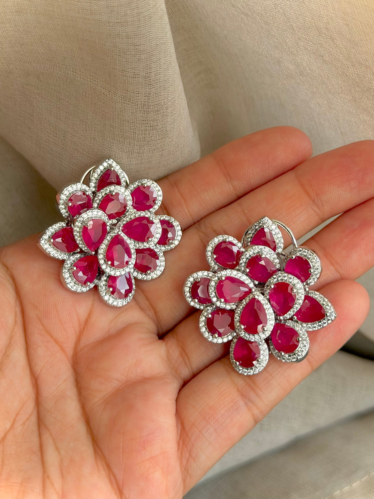 Sanya Floral Ruby and Zircon Imitation Stud Earrings with back Clip
