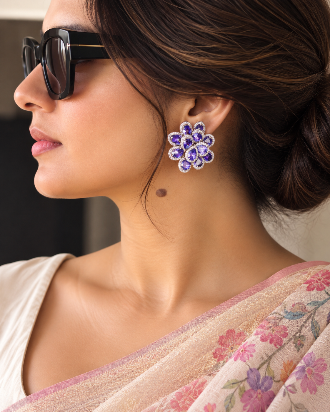 Sanya Floral Amethyst and Zircon Imitation Stud Earrings with back Clip