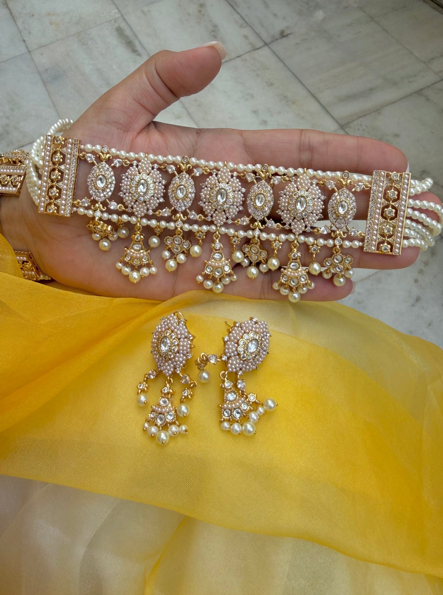 Amreen Polki Kundan & Pearl Real Gold Look Choker Necklace Set