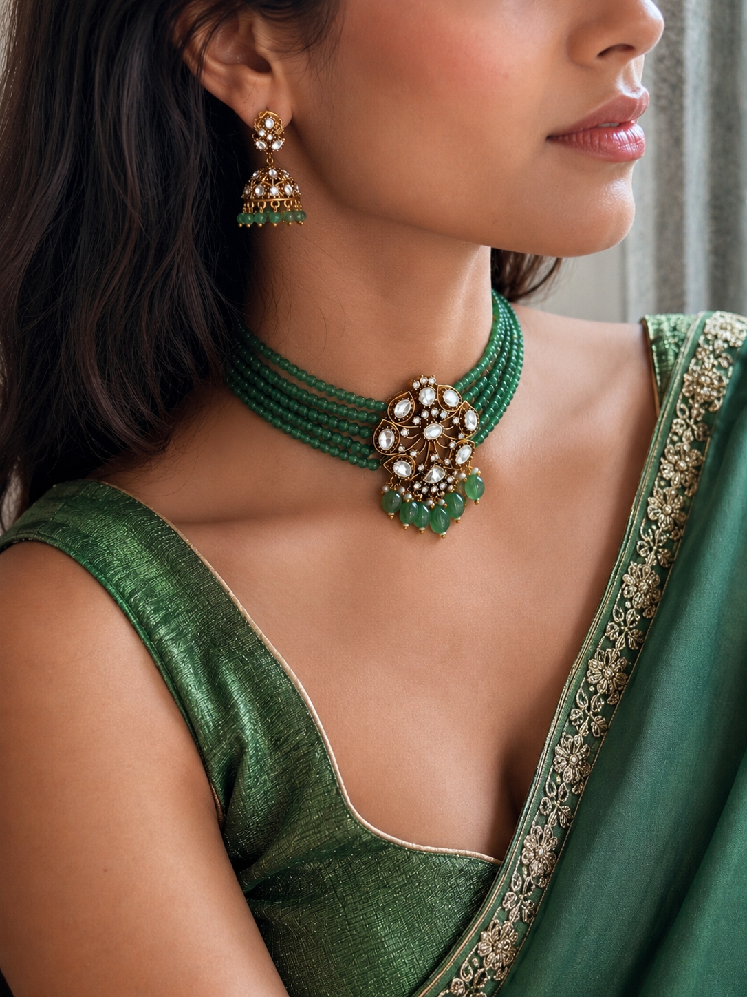 Shyamali Green Emerald Polki Choker Necklace Set for Women for Festive and Bridal Wear