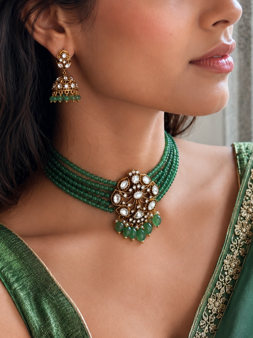 Shyamali Green Emerald Polki Choker Necklace Set for Women for Festive and Bridal Wear