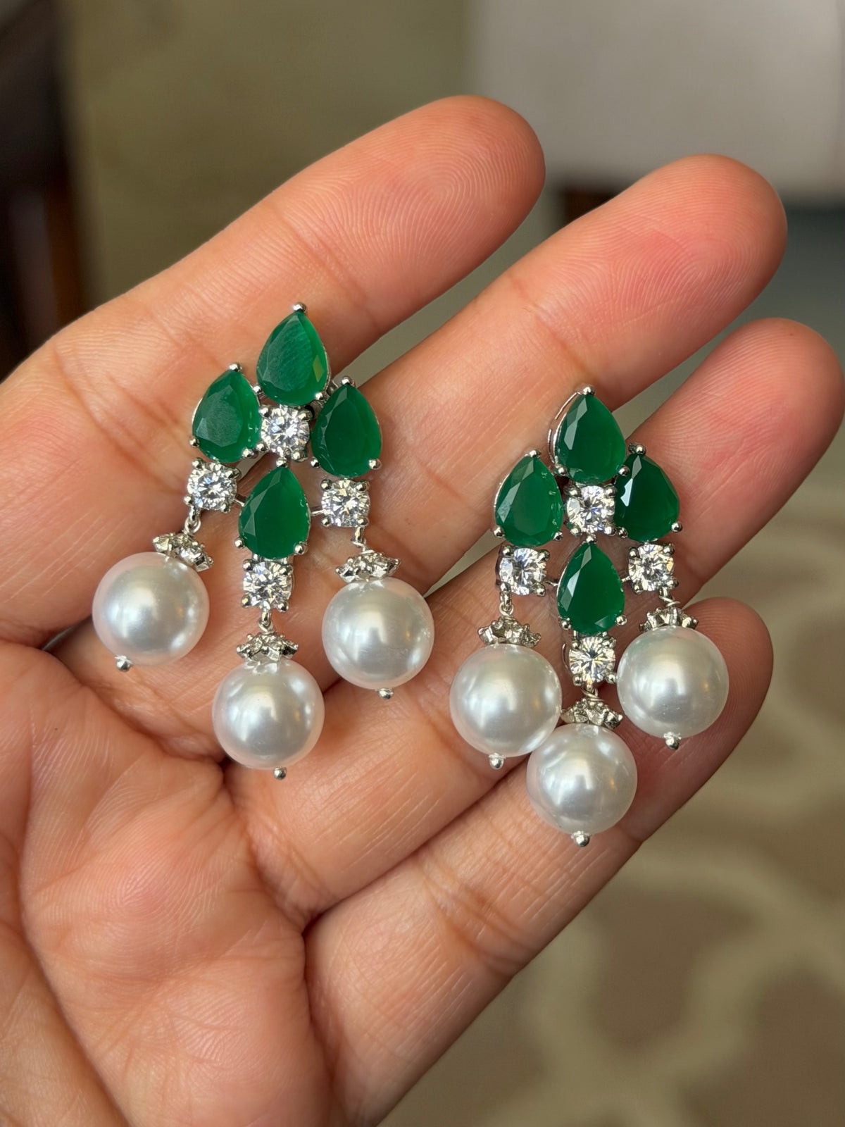 Nidhi Emerald Diamond & Pearl Drop Real Gold Look Earrings