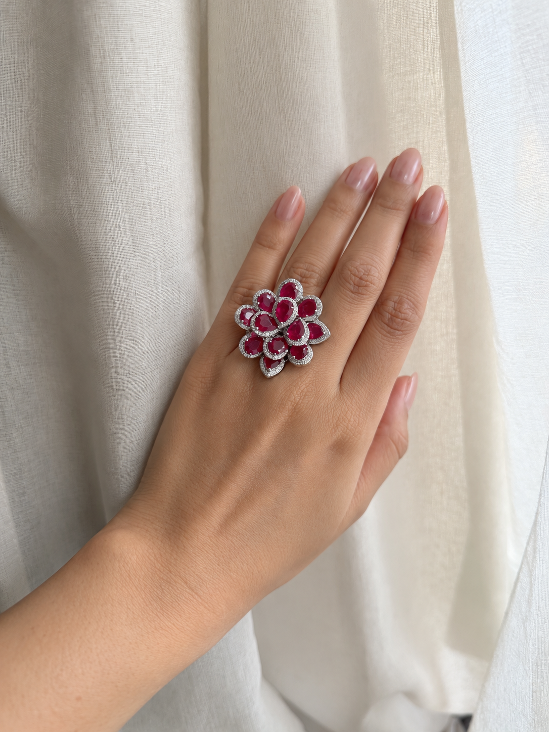 Sanya Imitation Ruby & Zircon Adjustable Ring