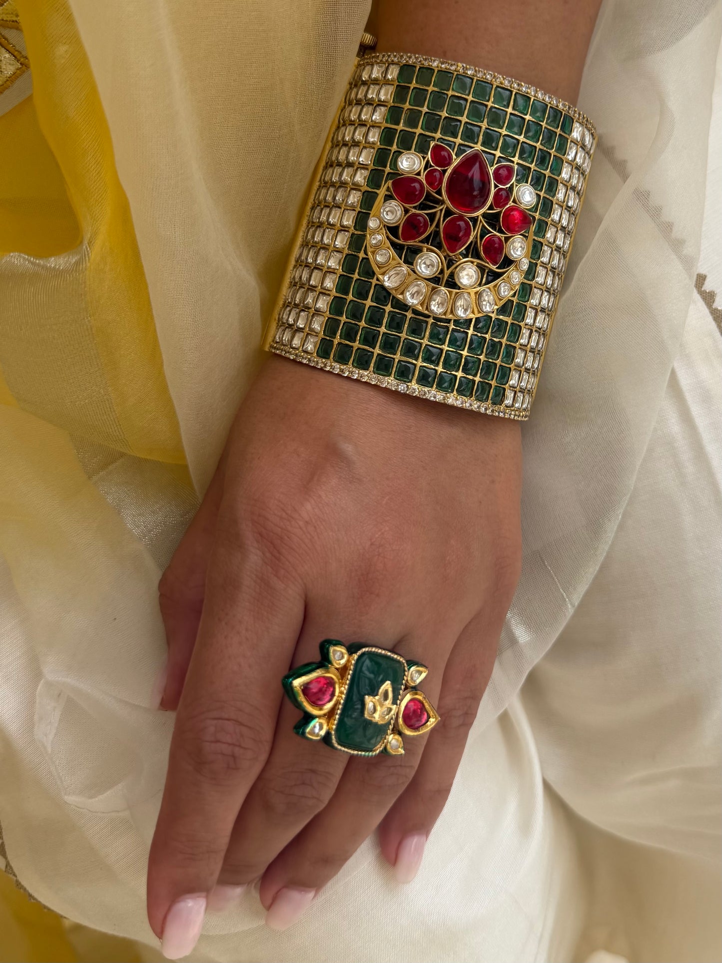 Qira Polki Kundan Reversible Statement Bangle Cuff - Fits size 2.2-2.6