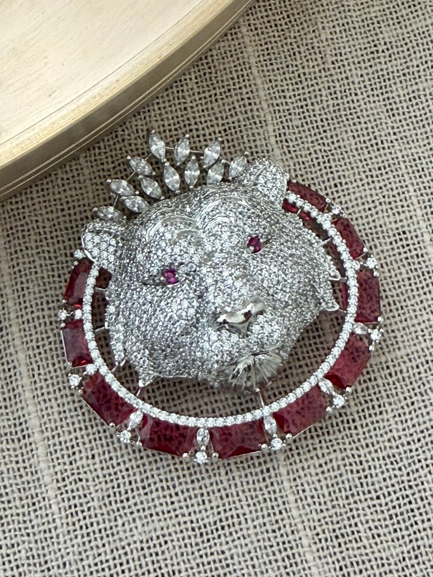 Ruby Lion Emblem Brooch with Magnetic closure