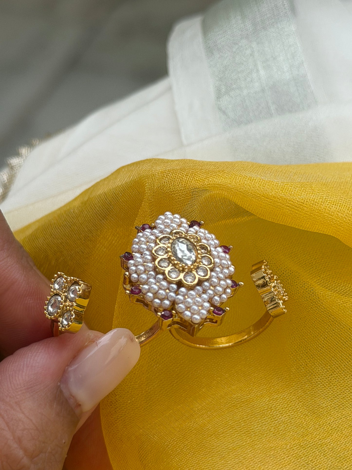 Amreen Ruby Pearl & Kundan Double Finger Adjustable Ring