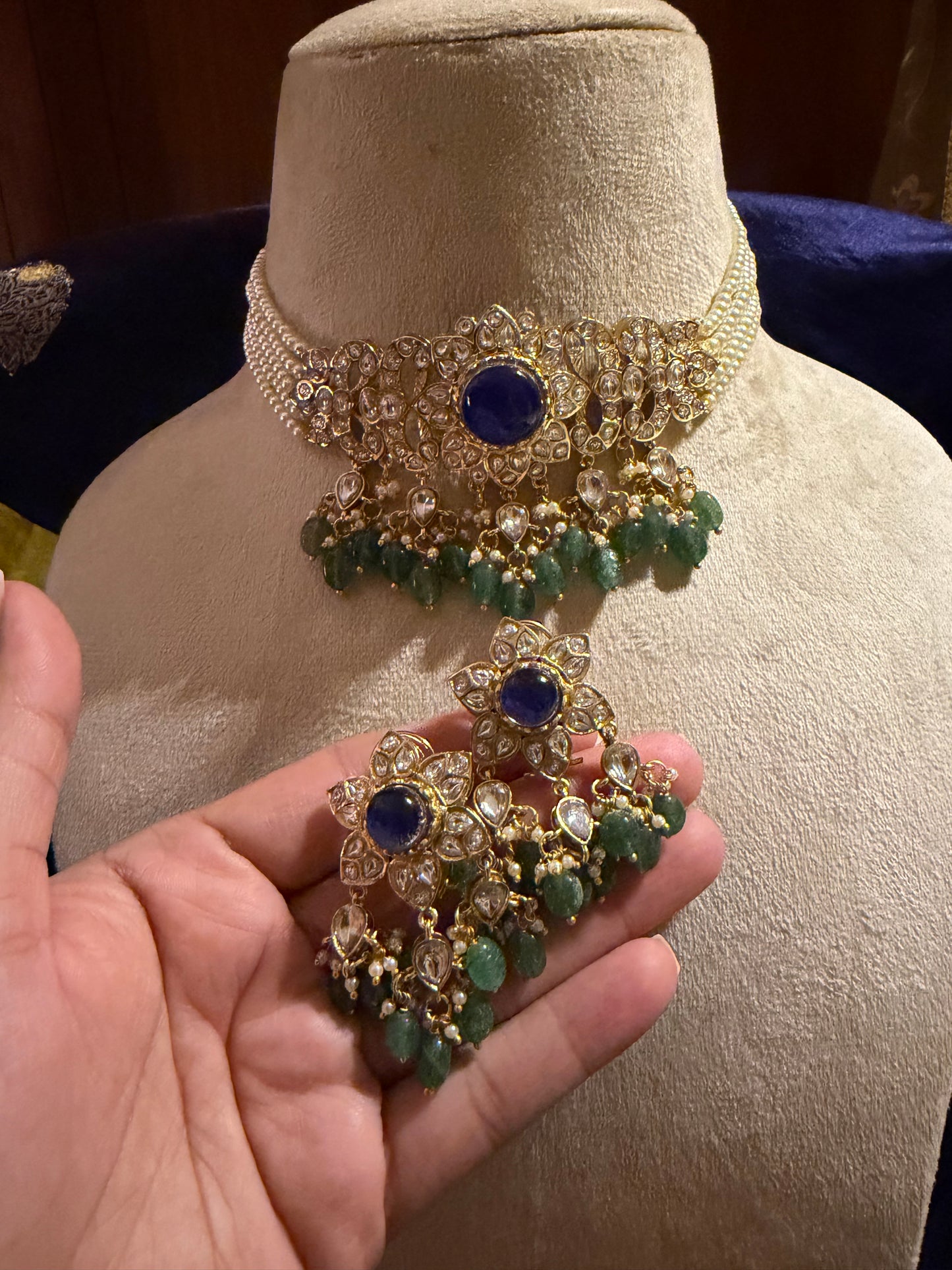 Roshala Blue Green Emerald Polki Festive Choker Necklace Set for Women
