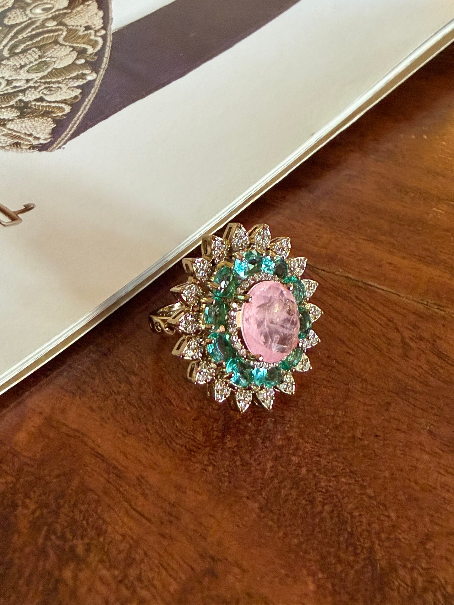 Saleena Multicolour Flower Baby Pink & Mint Ring for women in Dull Gold Polish