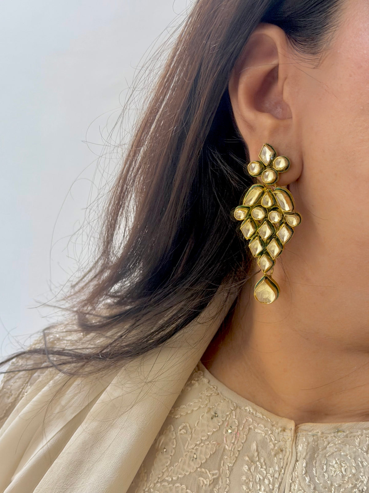 Suhana Jadau Kundan Polki Real Gold Look Earrings- Gold Plated