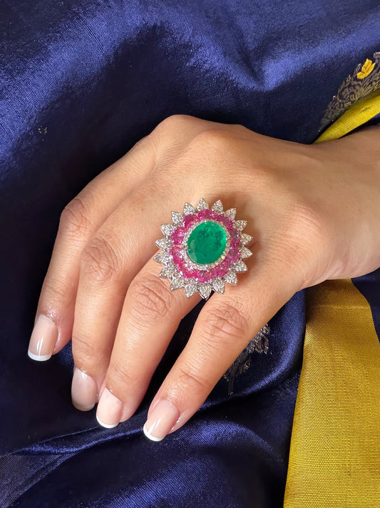 Saleena Multicolour Flower Emerald and Pink Sapphire Ring for women in White Polish