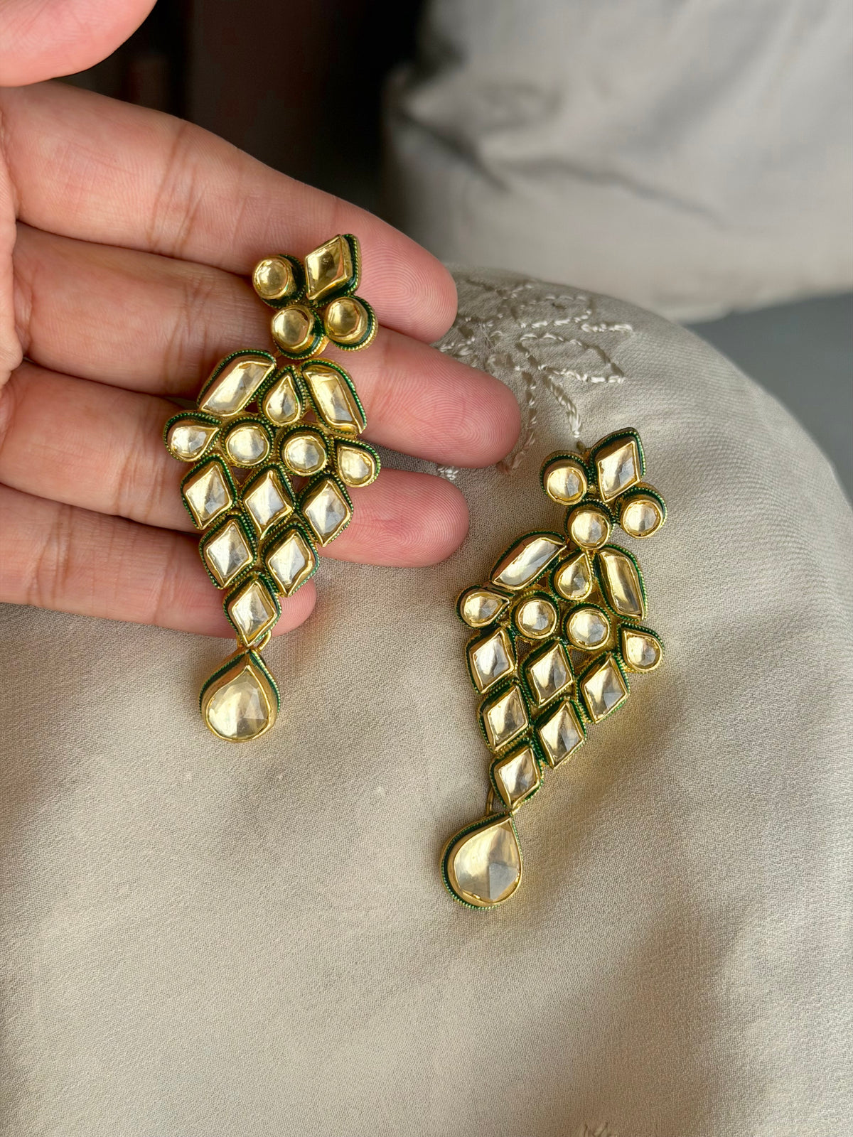 Suhana Jadau Kundan Polki Real Gold Look Earrings- Gold Plated