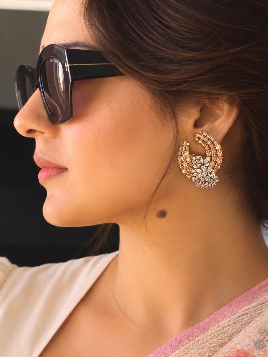 Pihu Real Look Champagne Zircon Front Back Earrings with Ear Clips