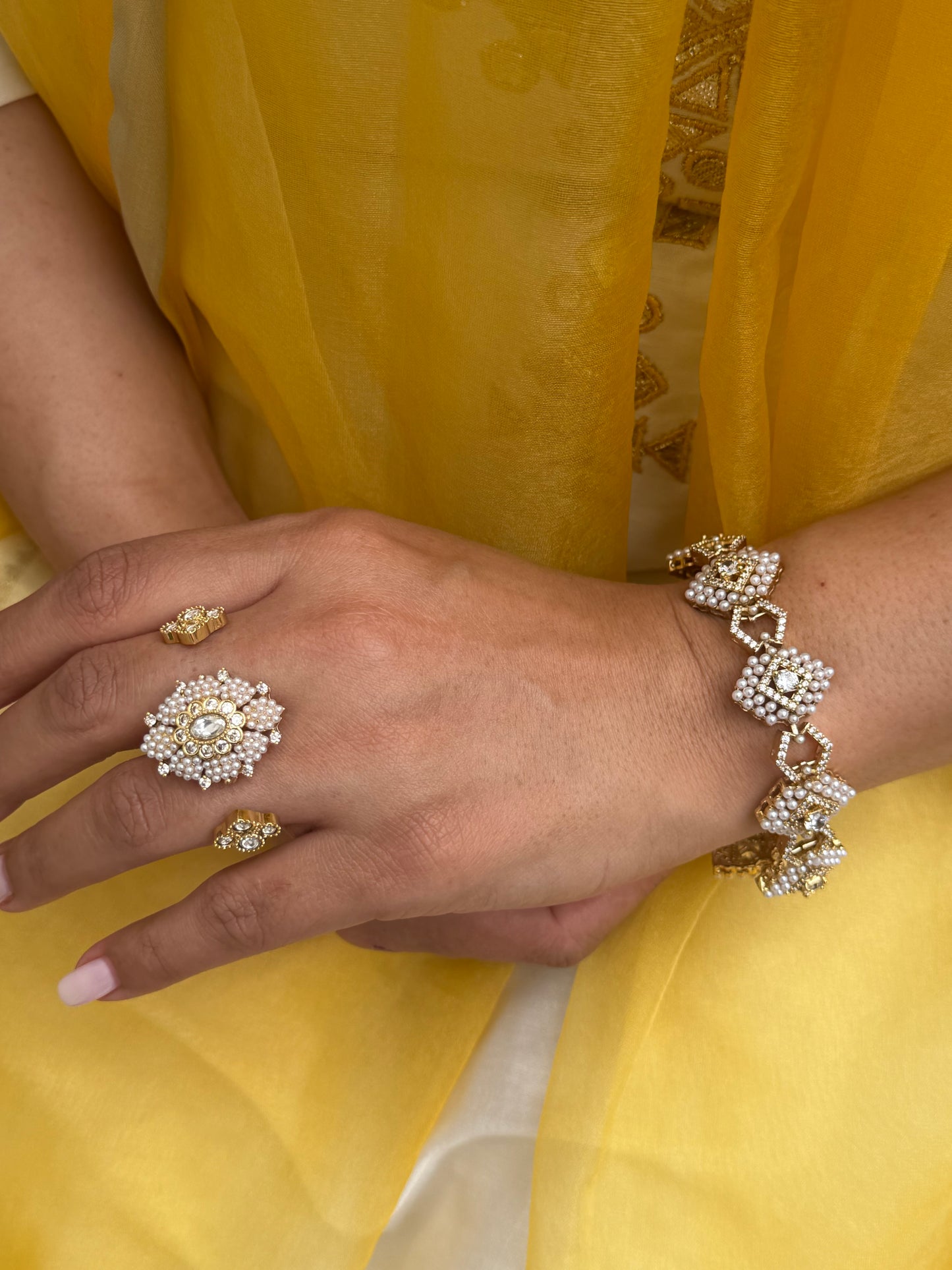 Pearl Double Adjustable Kundan Ring