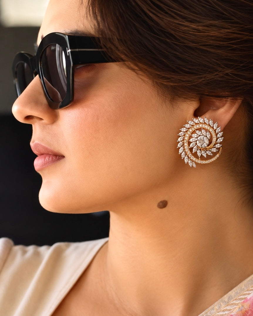 Varnika Real Gold & Diamond Look Zircon Stud Earrings