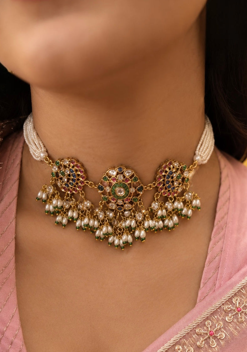 Magar Jodi Multicolour Polki Choker Necklace Set
