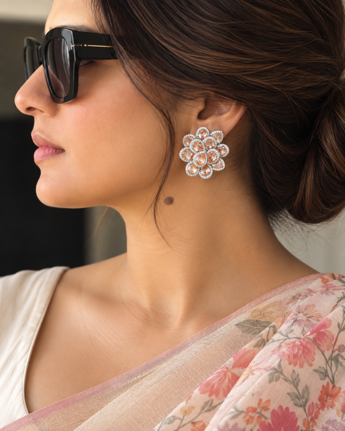 Sanya Floral Champagne Stone and Zircon Imitation Stud Earrings with back Clip