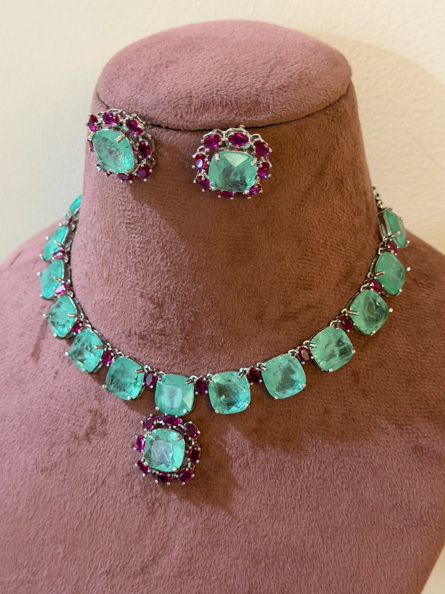 Rehmat Russian Emerald Colour Necklace Set with Zircon and Ruby