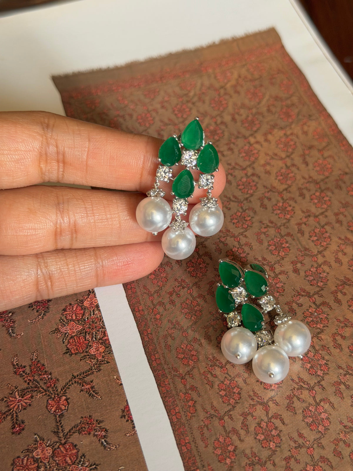 Nidhi Emerald Diamond & Pearl Drop Real Gold Look Earrings