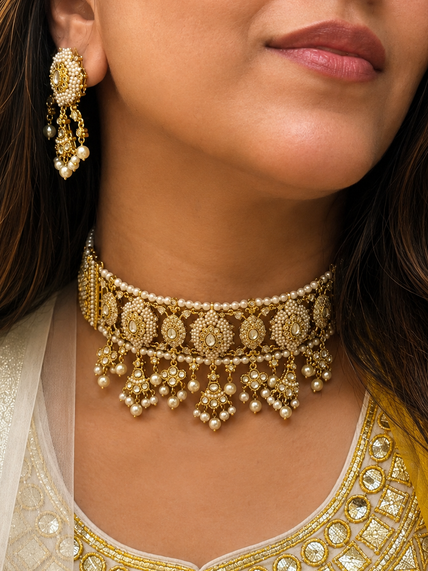 Amreen Polki Kundan & Pearl Real Gold Look Choker Necklace Set
