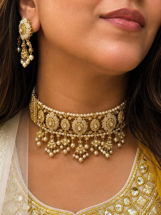 Amreen Polki Kundan & Pearl Real Gold Look Choker Necklace Set