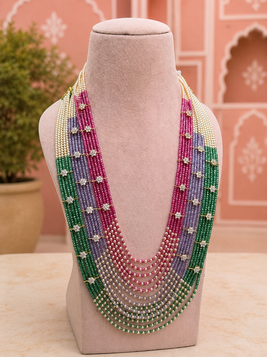 Ankura Long Bead Pearl & Amercian Diamond Mala Necklace Necklace for Women for Festive and Bridal Wear