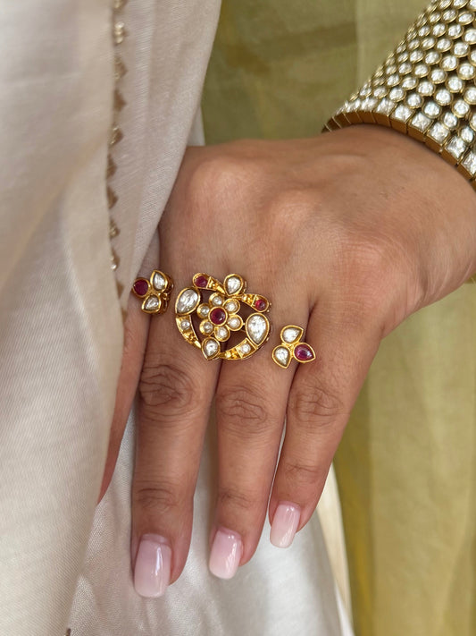 Riya Kundan Polki Double Finger Ring- Adjustable
