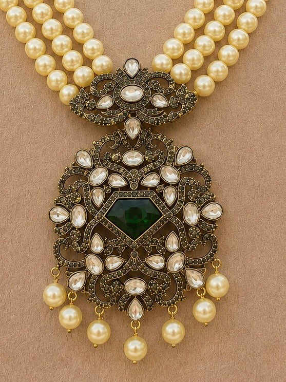 Tarang Long Kundan Pearl Green Necklace Set