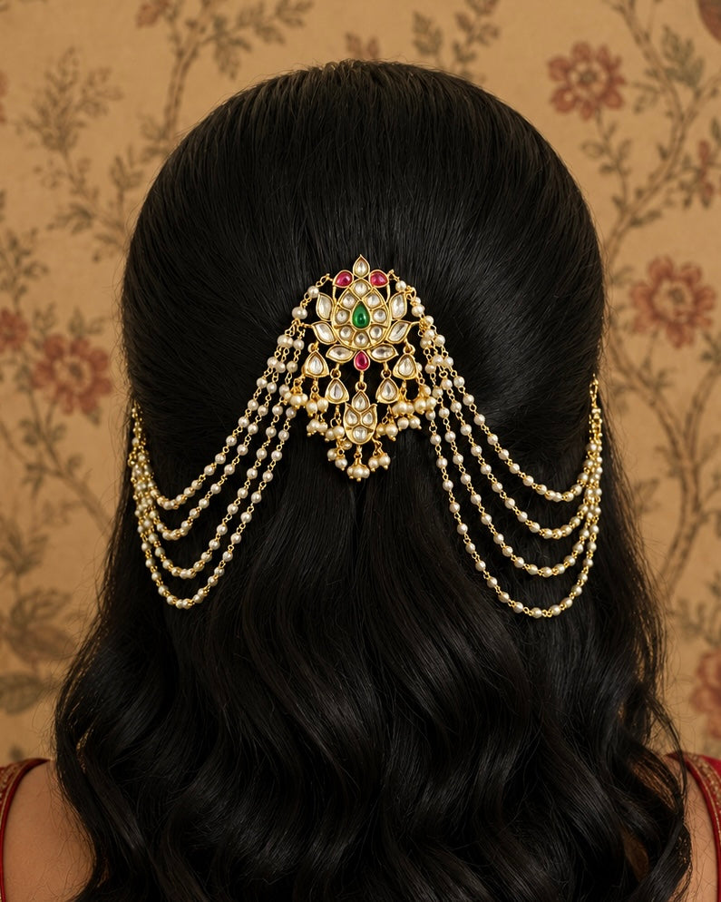 Delara Kundan Hairclip with Pearl Sahara for Bridal and Festive Hairstyle