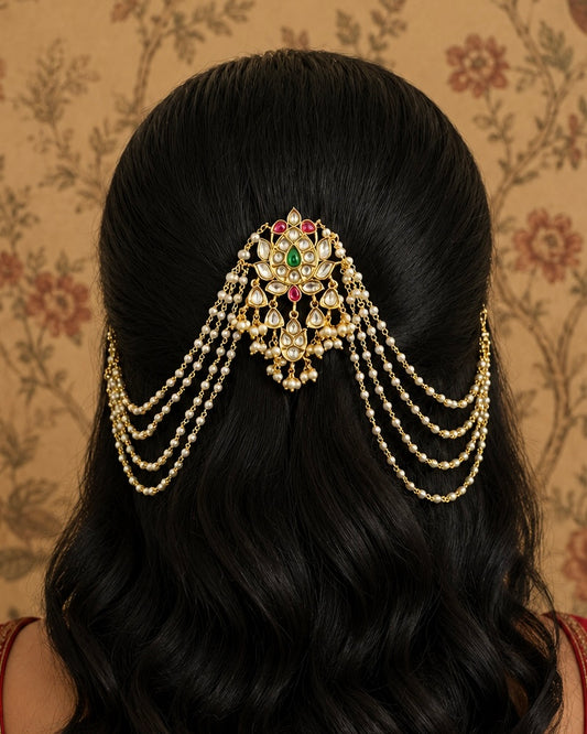 Delara Kundan Hairclip with Pearl Sahara for Bridal and Festive Hairstyle