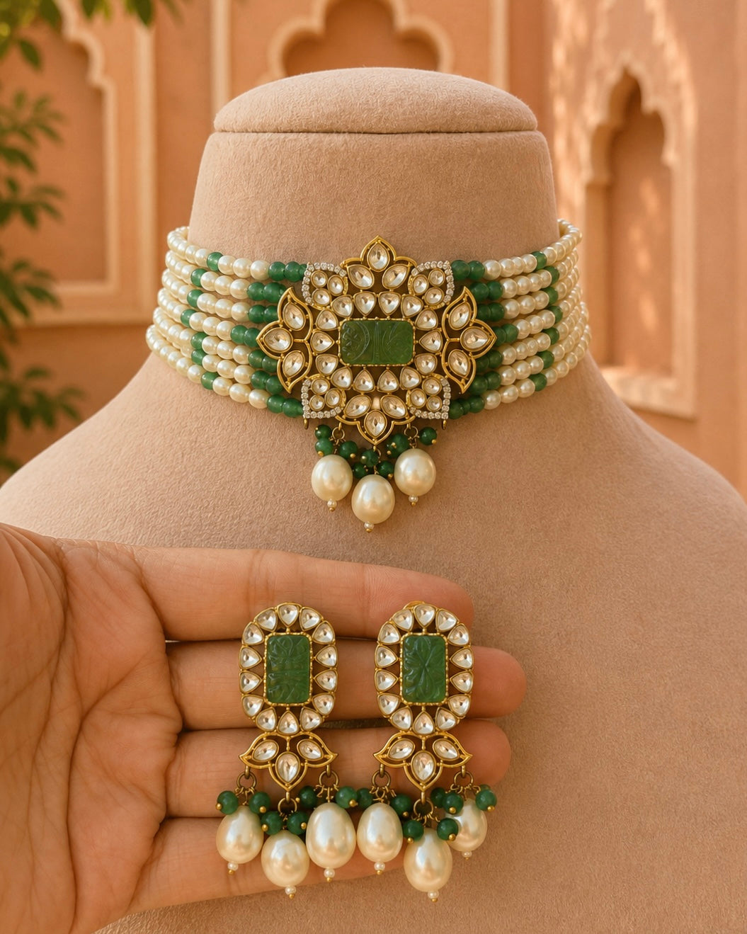 Artharvi Kundan Jade Green Choker Necklace Set