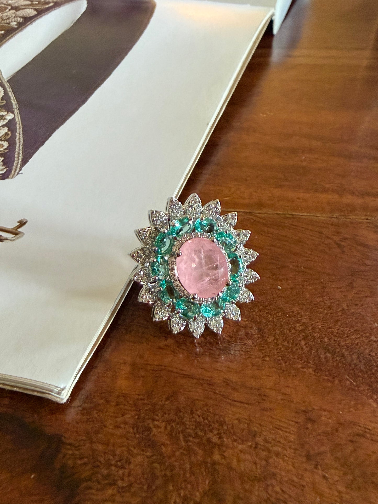 Saleena Multicolour Flower Mint and Baby Pink Ring for women in White Polish
