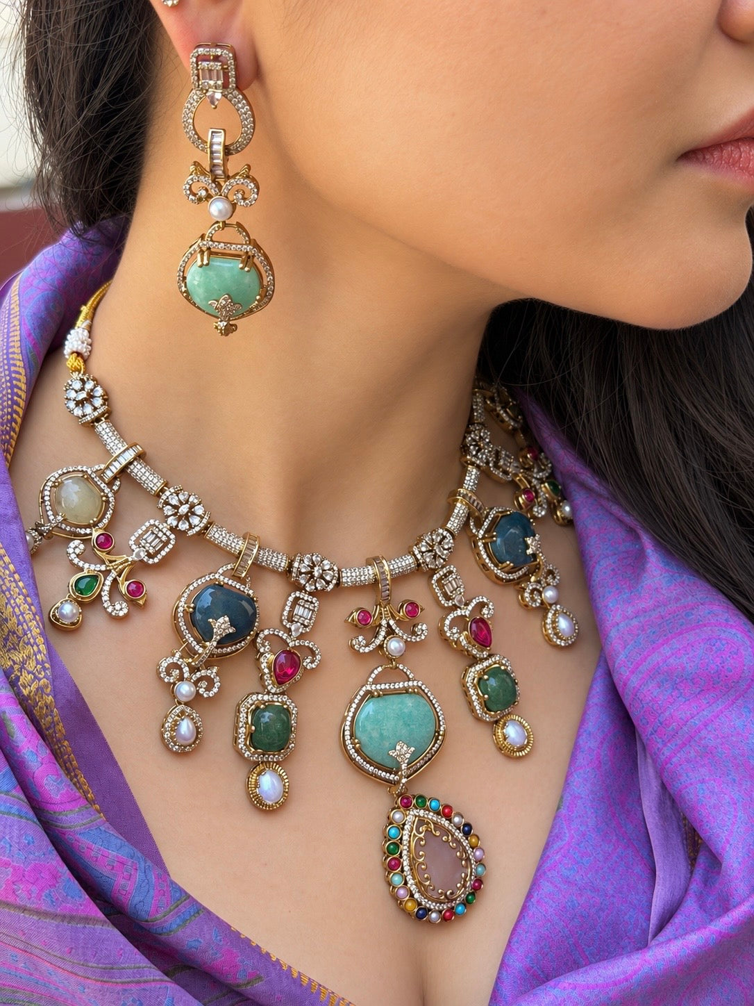 Nurvi Turquoise Multi Fusion Doublet Zircon Necklace Set