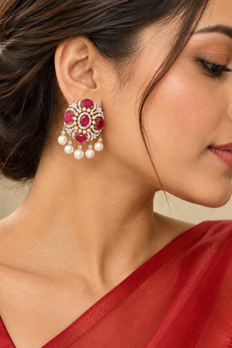 Vanya Faux Ruby Diamond Two Tone Stud Earrings with Back Clips