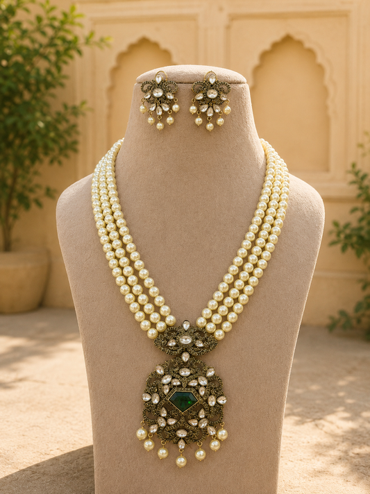 Tarang Long Kundan Pearl Green Necklace Set