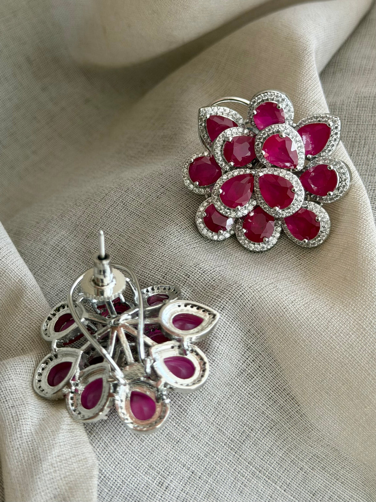 Sanya Floral Ruby and Zircon Imitation Stud Earrings with back Clip