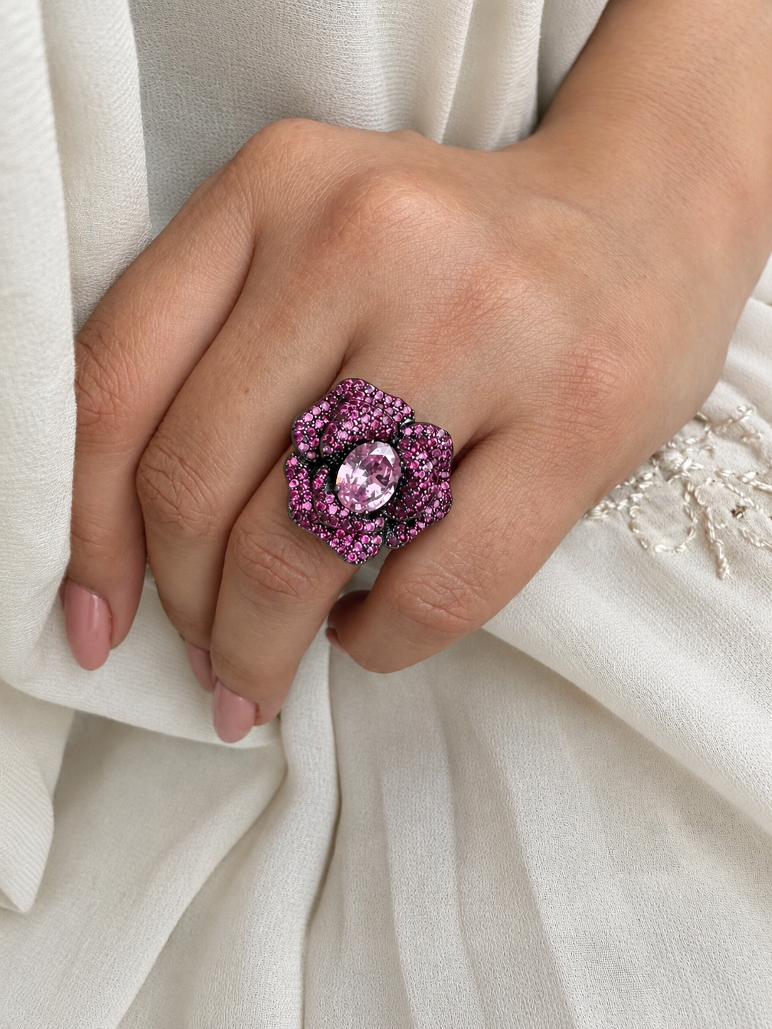 Rosette Pink Floral Adjustable Zircon Ring in Black Polish