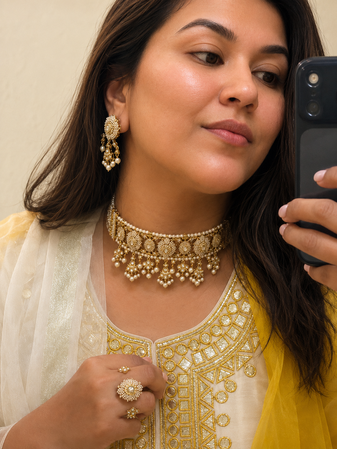 Amreen Polki Kundan & Pearl Real Gold Look Choker Necklace Set