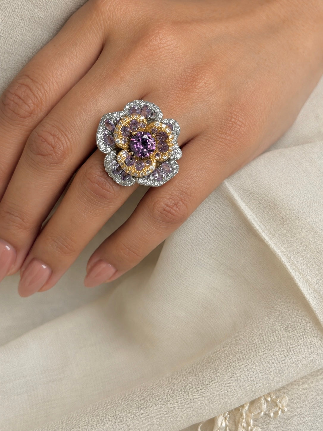 Fiori Floral Purple Two Tone Adjustable Ring