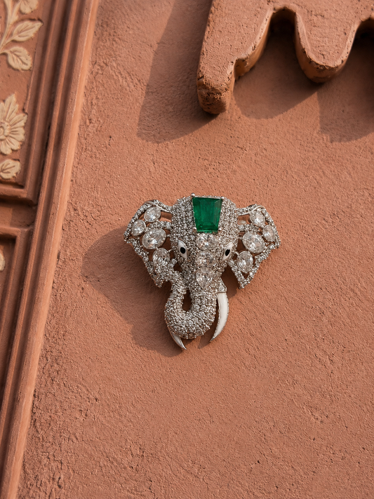 Vikrant Silver Elephant Men's Polki Brooch – Emerald Green & Polki Stones for Wedding & Festive Wear