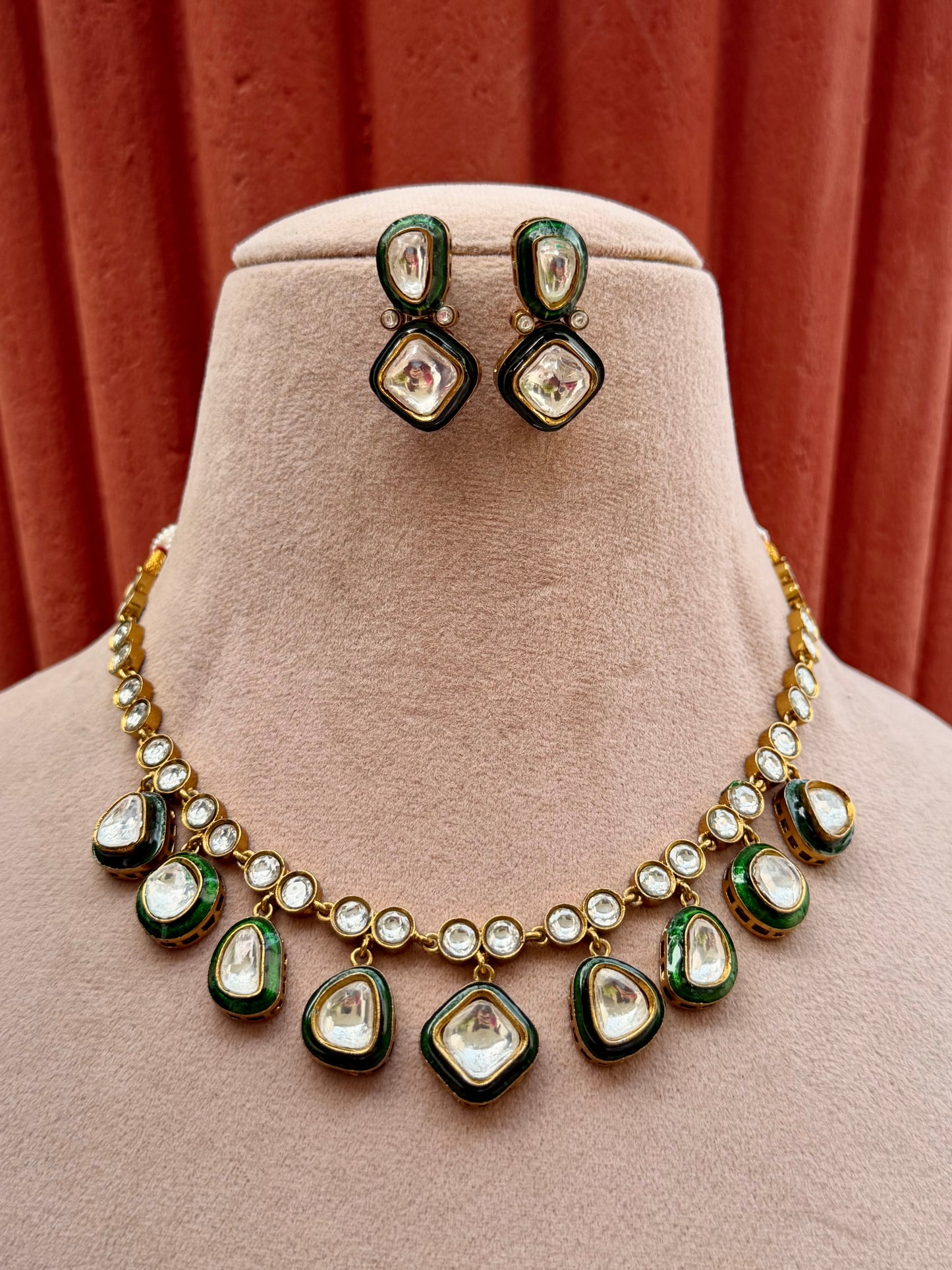Rawla Green Enamel Polki Necklace Set