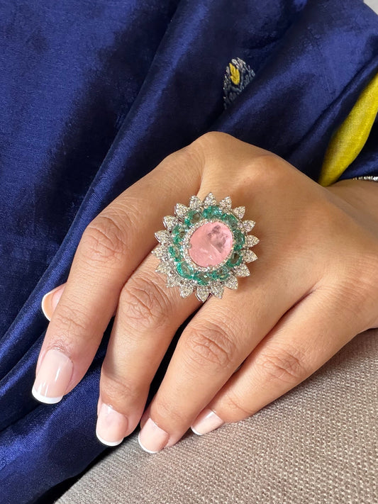 Saleena Multicolour Flower Mint and Baby Pink Ring for women in White Polish