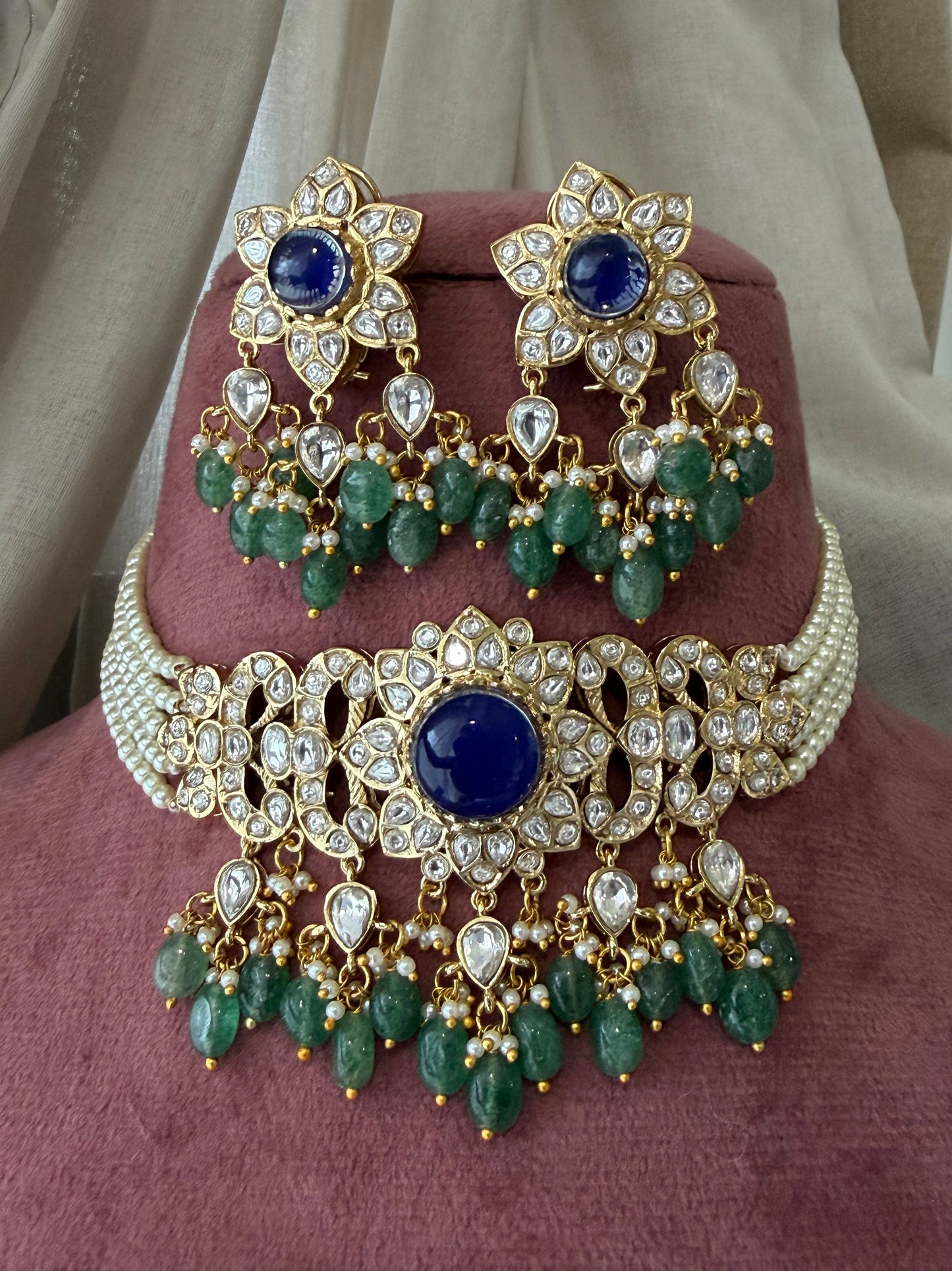 Roshala Blue Green Emerald Polki Festive Choker Necklace Set for Women