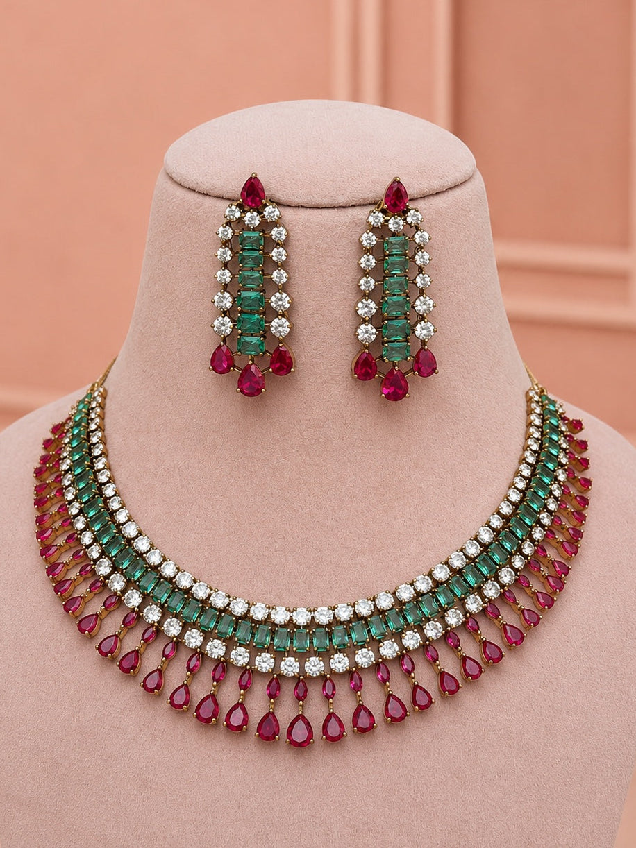 Karina Ruby Emerald American Diamond Necklace Set for Women for Festive and Bridal Wear