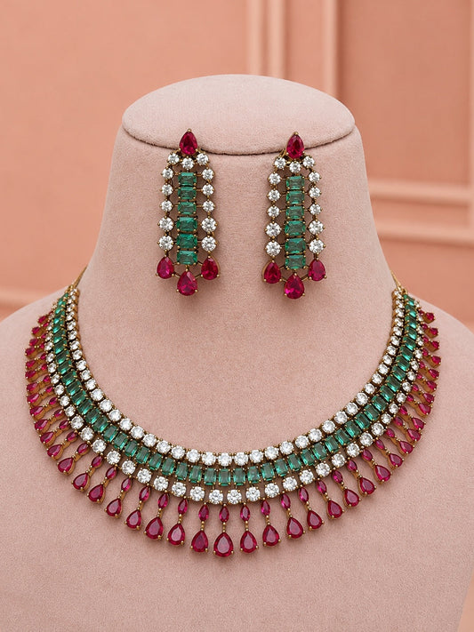 Karina Ruby Emerald American Diamond Necklace Set for Women for Festive and Bridal Wear