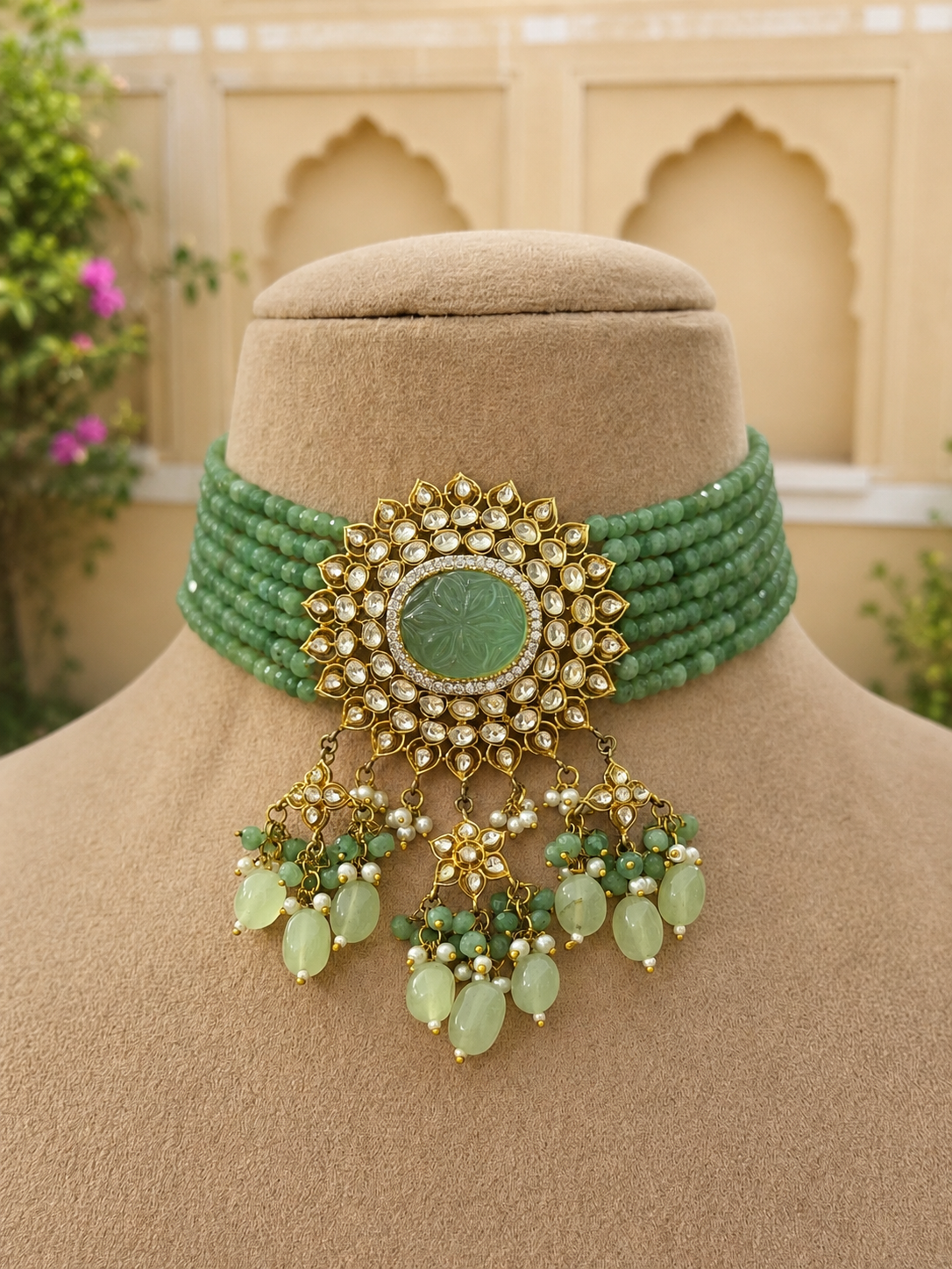 Vaarna Kundan Jadau Green Jade Choker Necklace Set