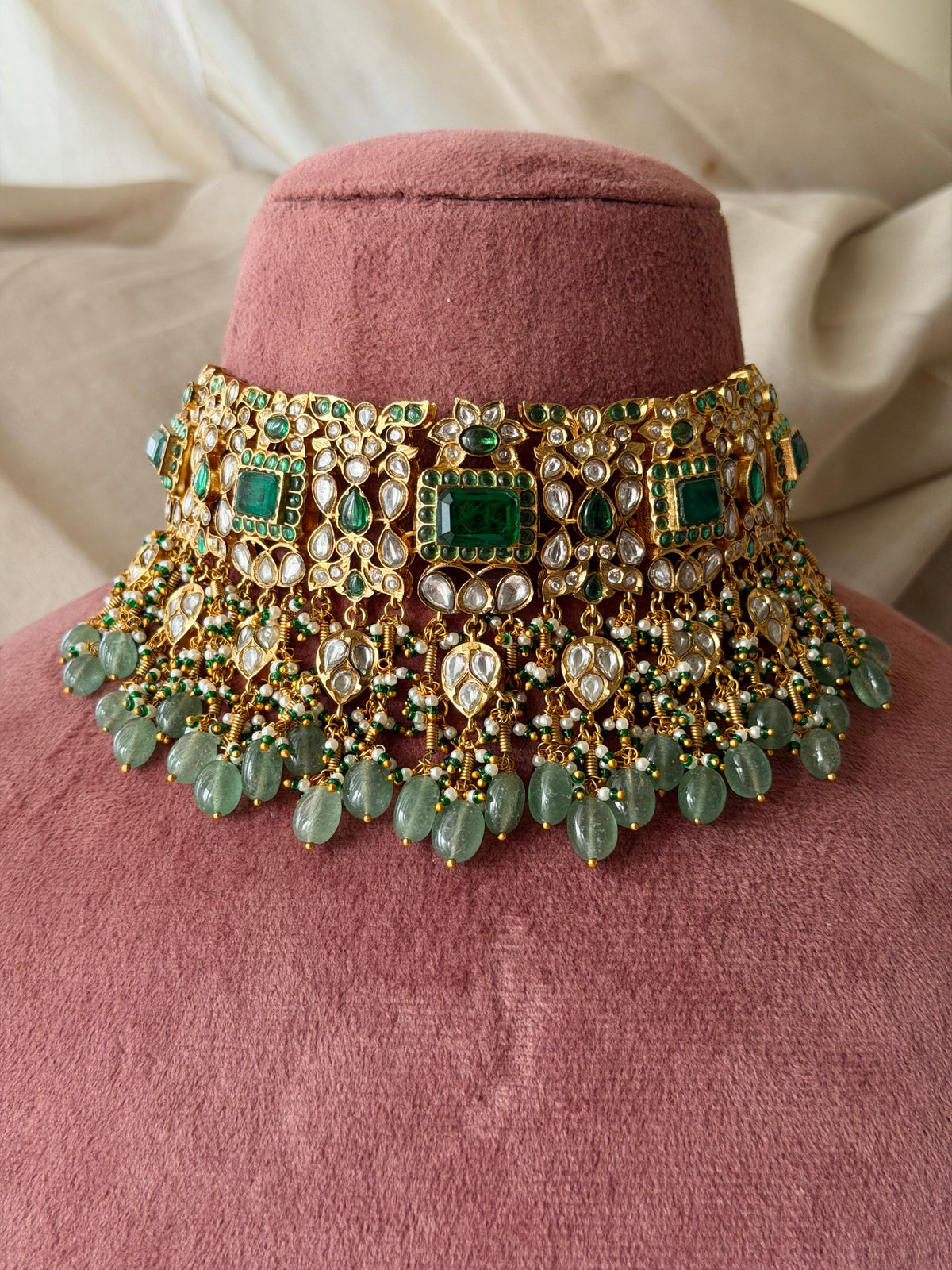 Aga Green Polki Choker Necklace Set