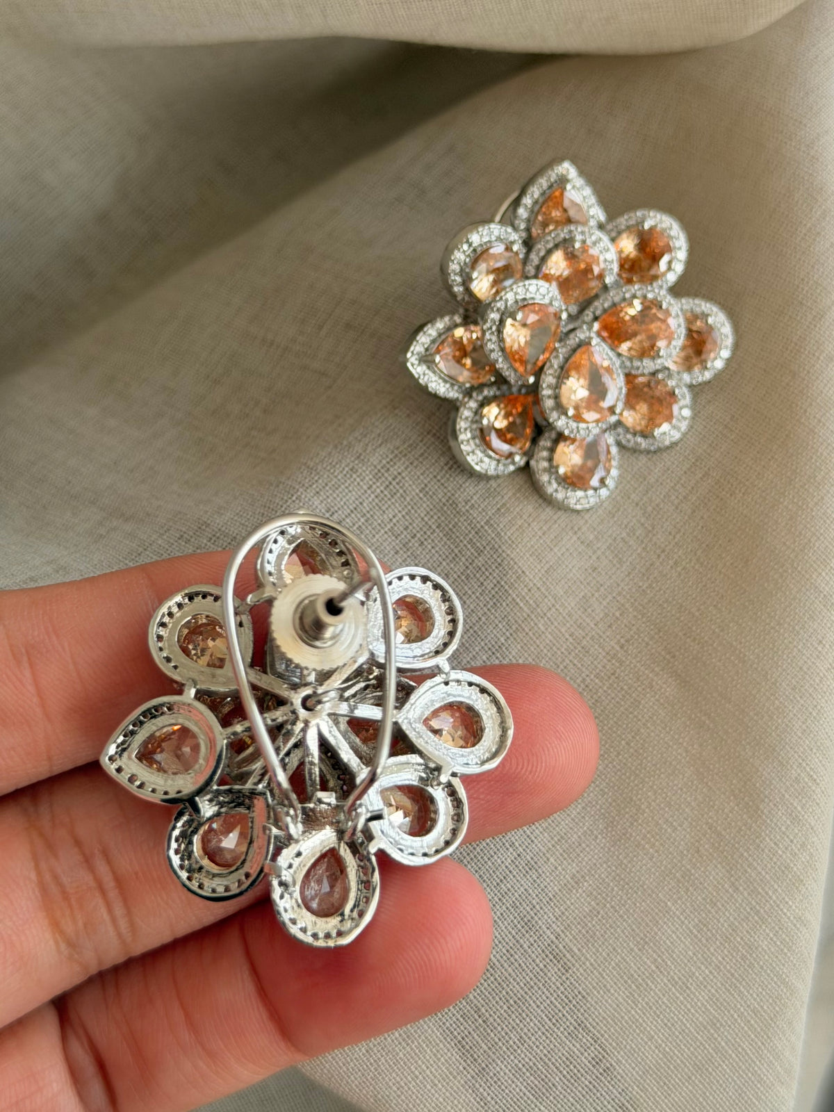 Sanya Floral Champagne Stone and Zircon Imitation Stud Earrings with back Clip