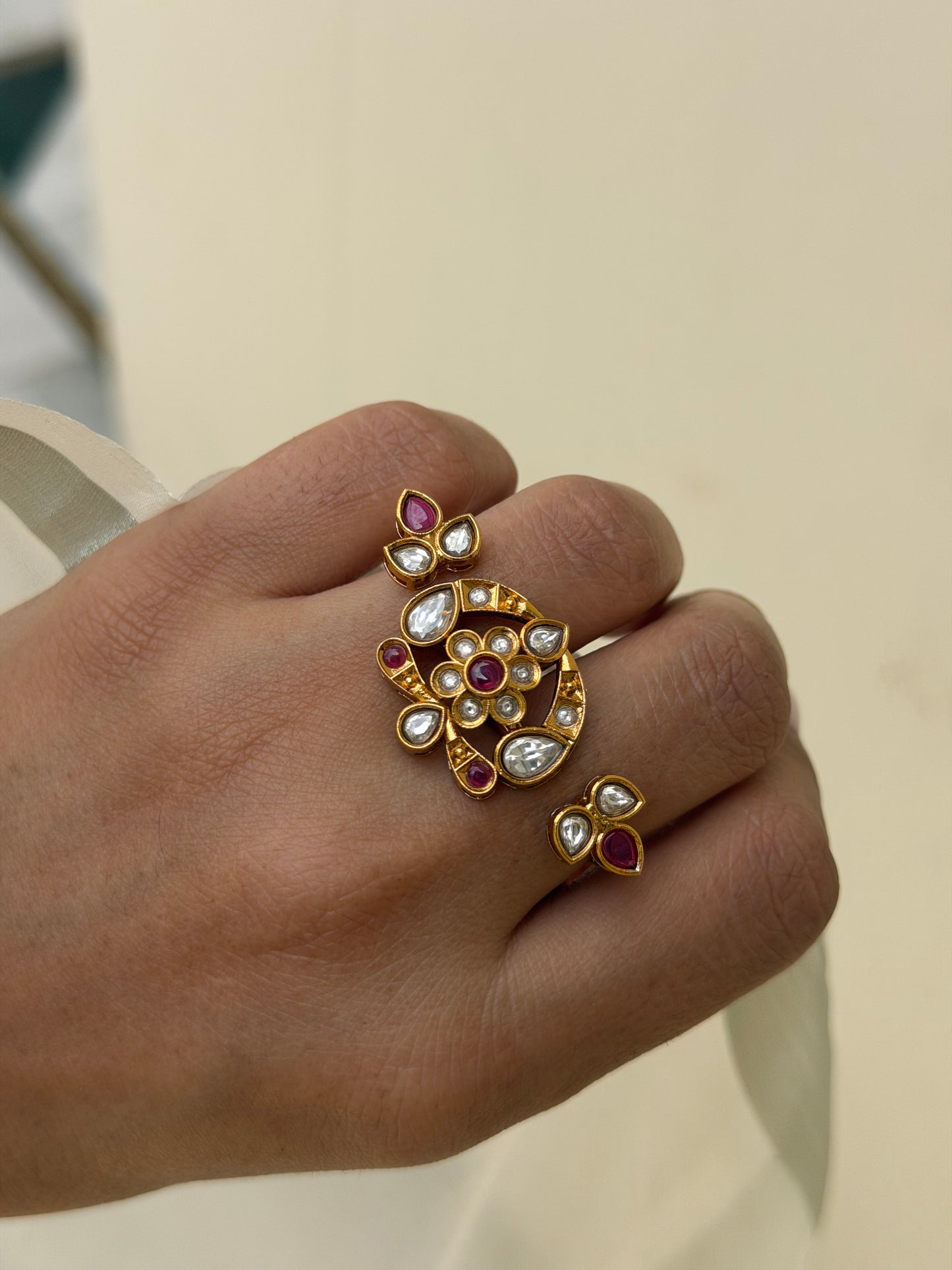 Riya Kundan Polki Double Finger Ring- Adjustable
