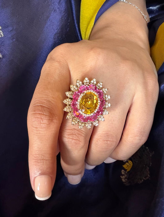 Saleena Multicolour Flower Yellow and Pink Sapphire Ring for women in Dull Gold Polish