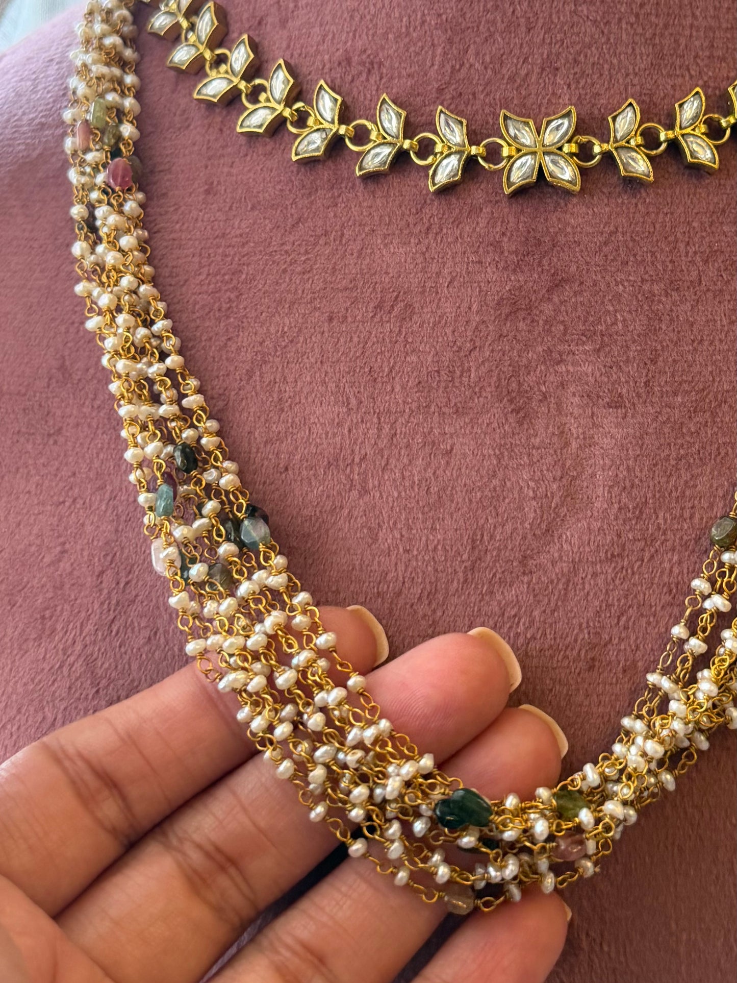 Afreen Real Pearl Mala with Real Tourmalines - Only Mala, all stones are real, slight colour difference might persist.
